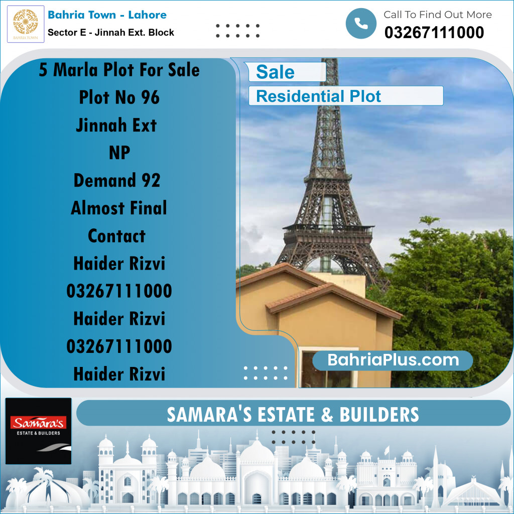 5 Marla Residential Plot for Sale in Sector E - Jinnah Ext. Block -  Bahria Town, Lahore - (BP-208875)