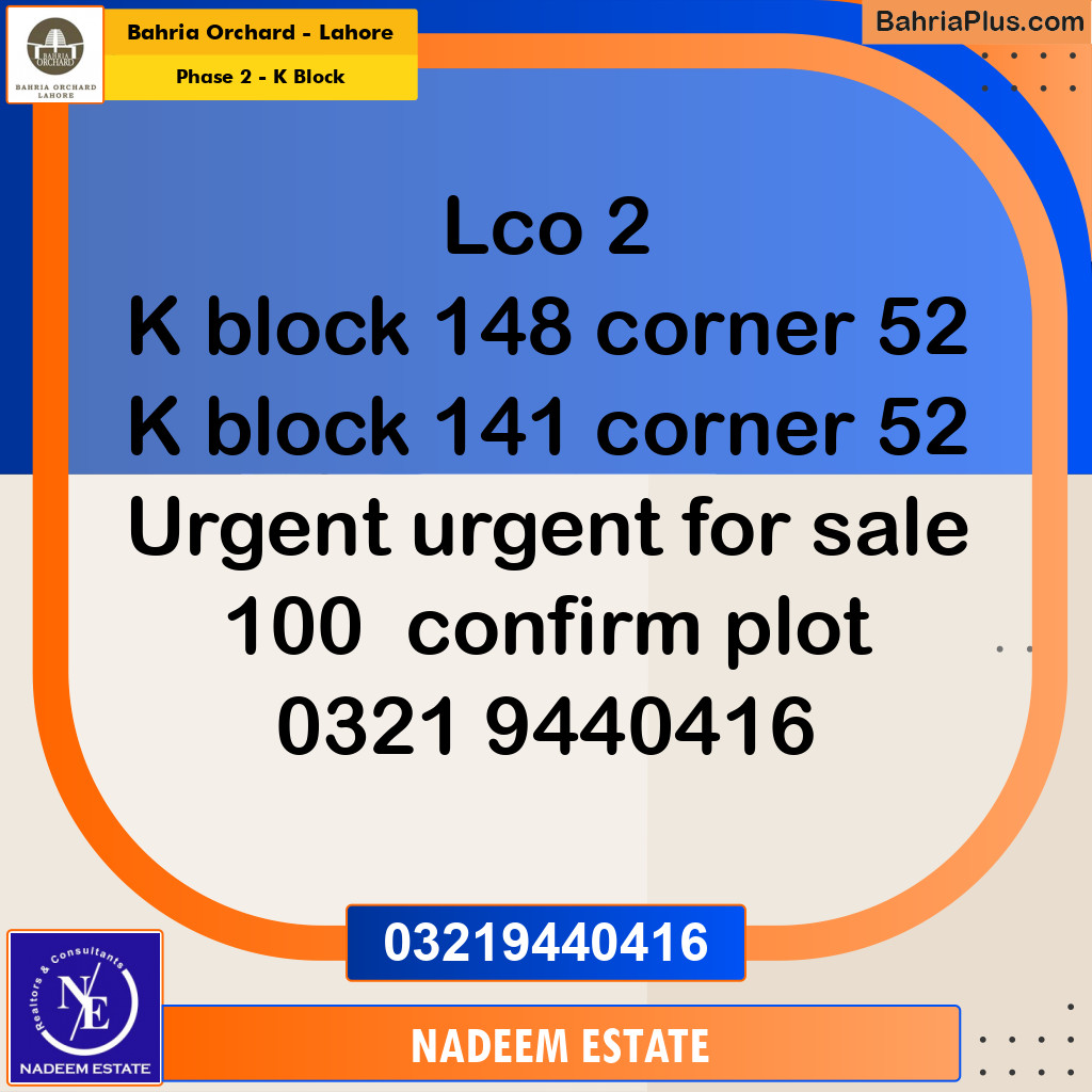Residential Plot for Sale in Phase 2 - K Block - Bahria Orchard, Lahore - (BP-208987)