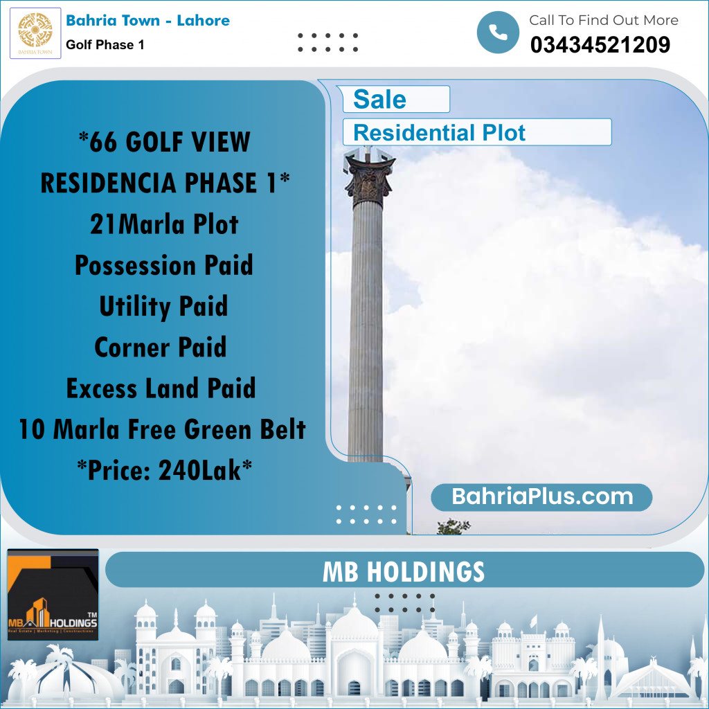 21 Marla Residential Plot for Sale in Golf Phase 1 -  Bahria Town, Lahore - (BP-209155)