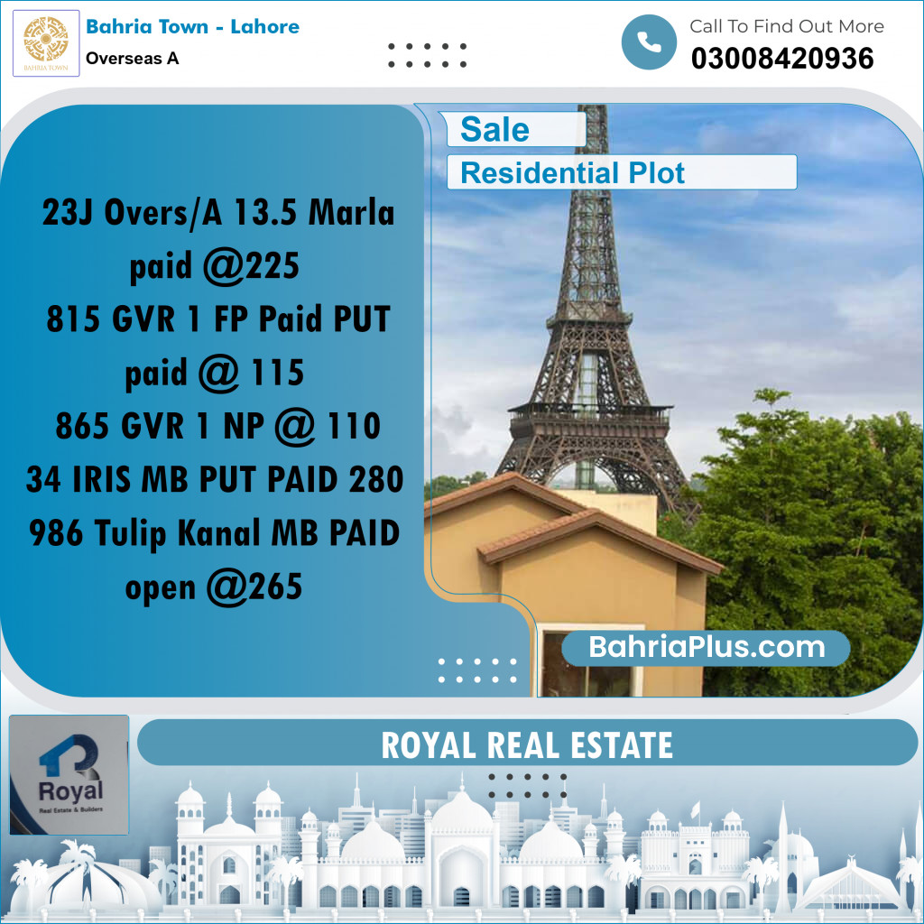 13.5 Marla Residential Plot for Sale in Overseas A -  Bahria Town, Lahore - (BP-209224)