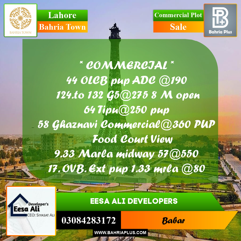 Commercial Plot for Sale in Bahria Town, Lahore - (BP-209354)