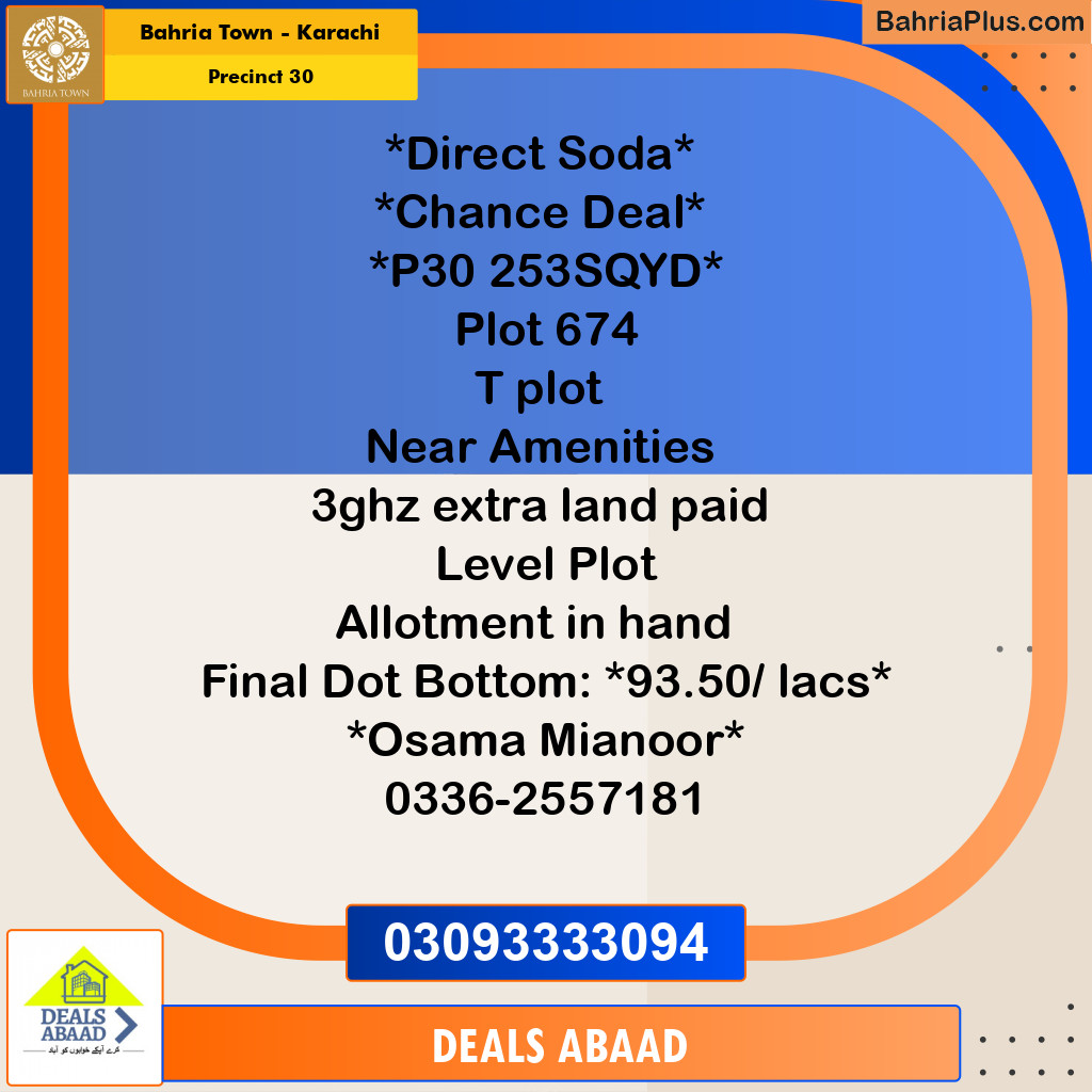 250 Sq. Yards Residential Plot for Sale in Precinct 30 -  Bahria Town, Karachi - (BP-209664)