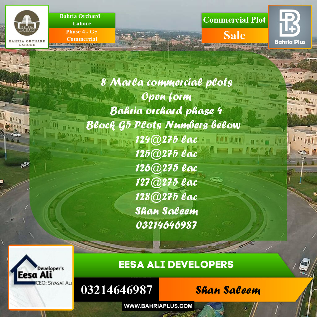 8 Marla Commercial Plot for Sale in Phase 4 - G5 Commercial -  Bahria Orchard, Lahore - (BP-209707)