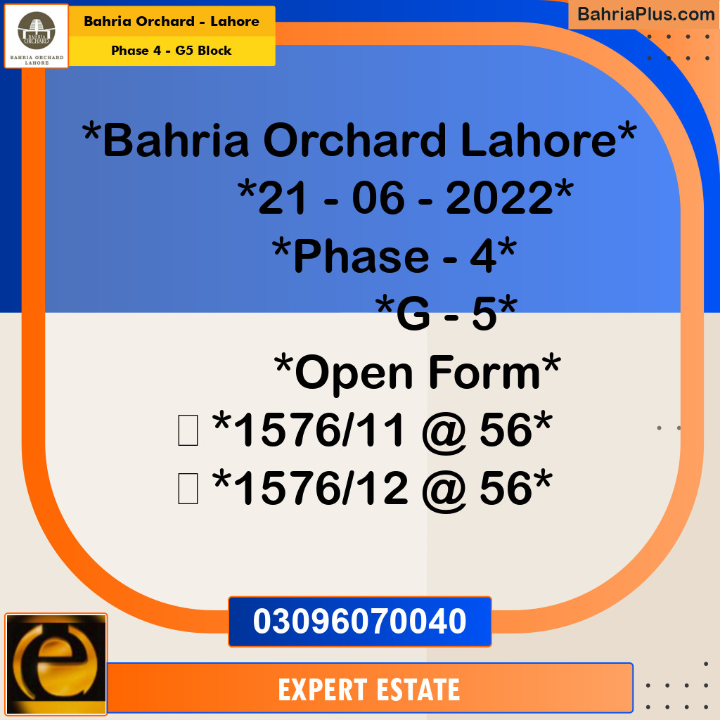10 Marla Residential Plot for Sale in Phase 4 - G5 Block -  Bahria Orchard, Lahore - (BP-209720)
