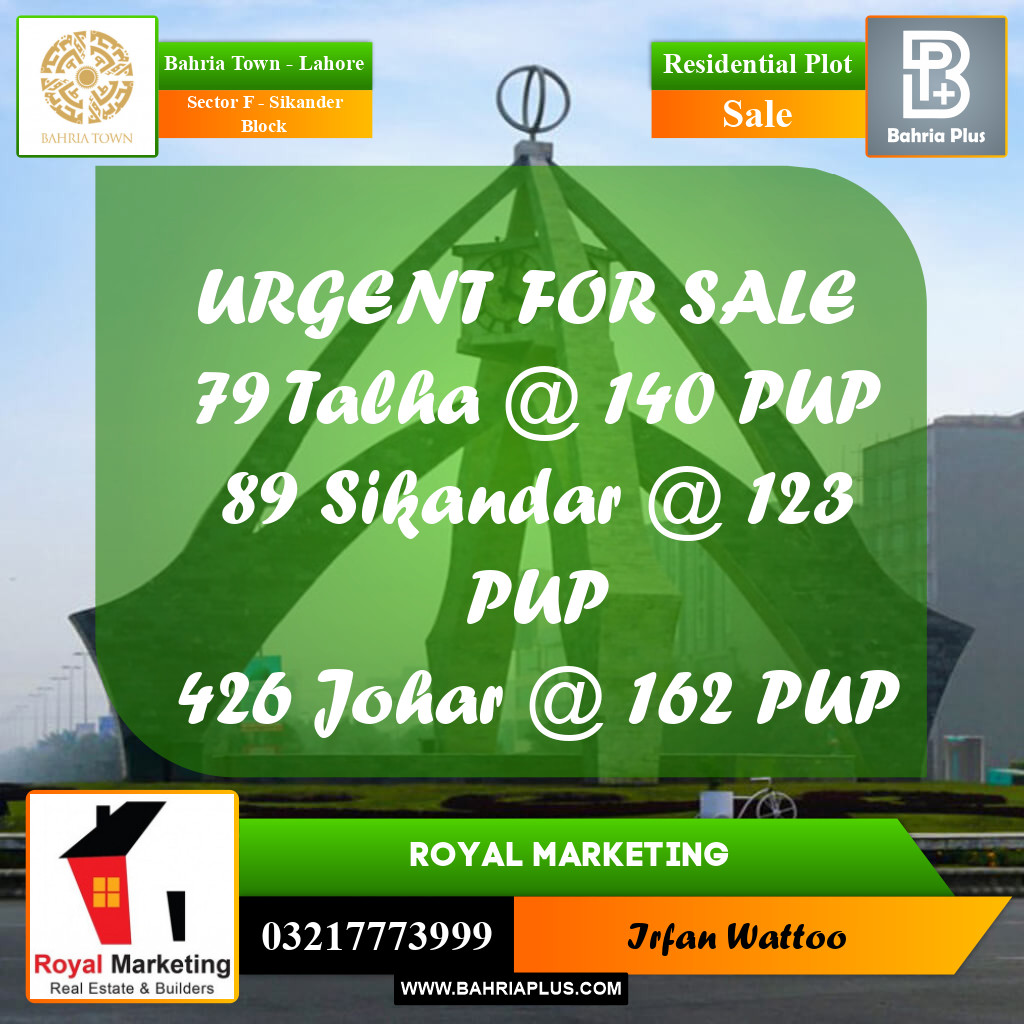 Residential Plot for Sale in Sector F - Sikander Block -  Bahria Town, Lahore - (BP-209772)