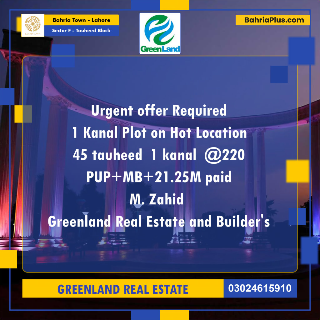 Residential Plot for Sale in Sector F - Tauheed Block -  Bahria Town, Lahore - (BP-209815)