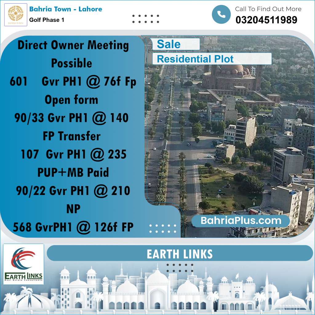 10 Marla Residential Plot for Sale in Golf Phase 1 -  Bahria Town, Lahore - (BP-210002)