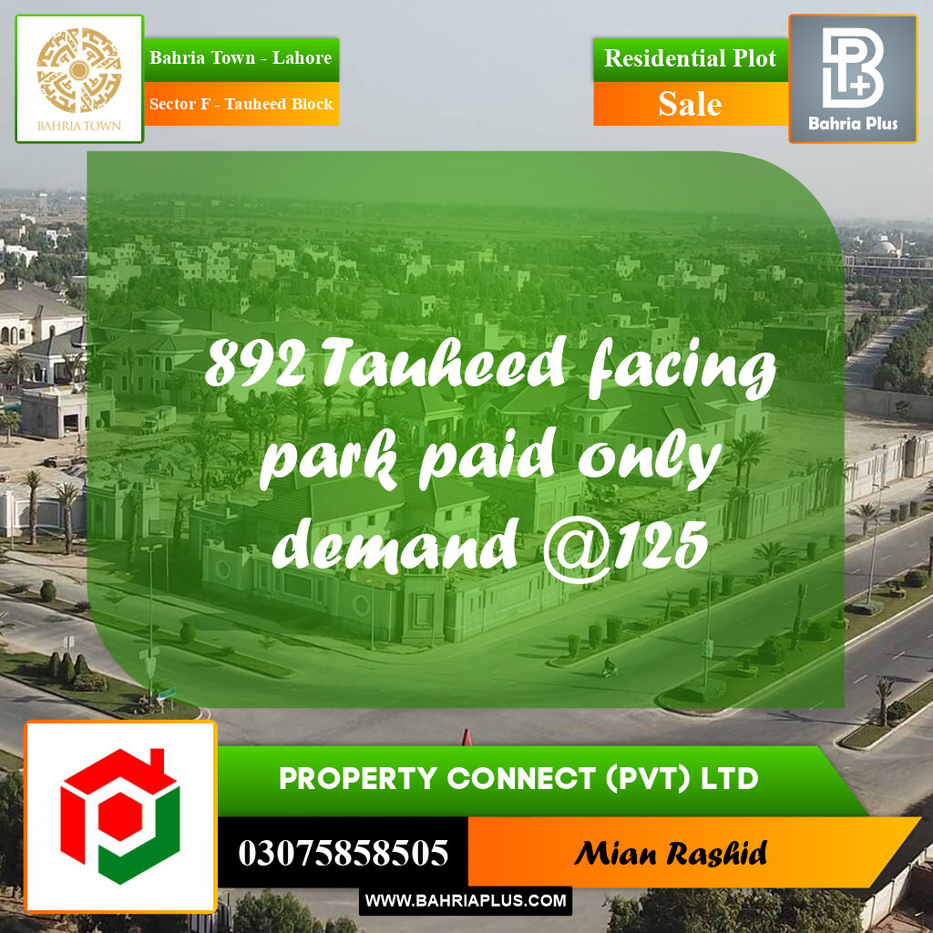 10 Marla Residential Plot for Sale in Sector F - Tauheed Block -  Bahria Town, Lahore - (BP-210063)