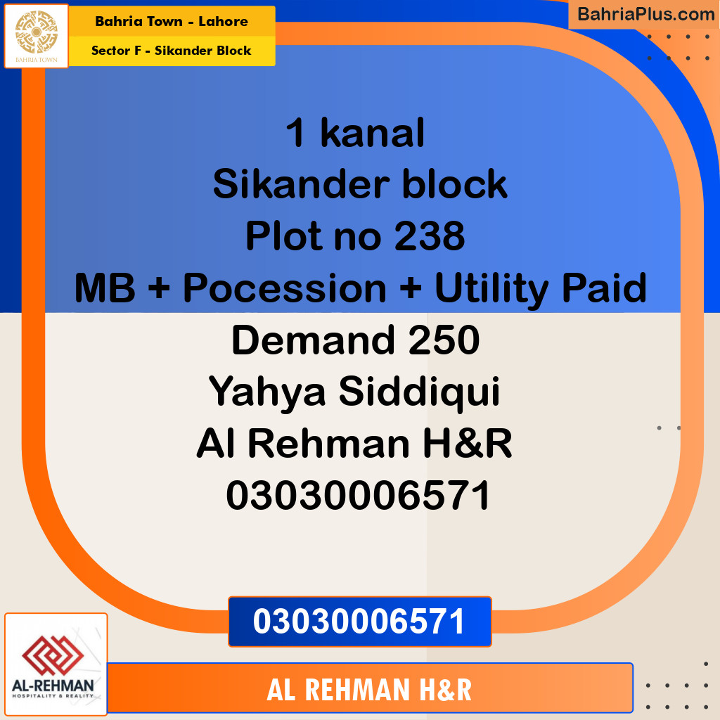 1 Kanal Residential Plot for Sale in Sector F - Sikander Block - Bahria Town, Lahore - (BP-210641)