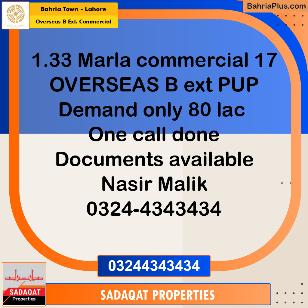 1.33 Marla Commercial Plot for Sale in Overseas B Ext. Commercial -  Bahria Town, Lahore - (BP-210662)