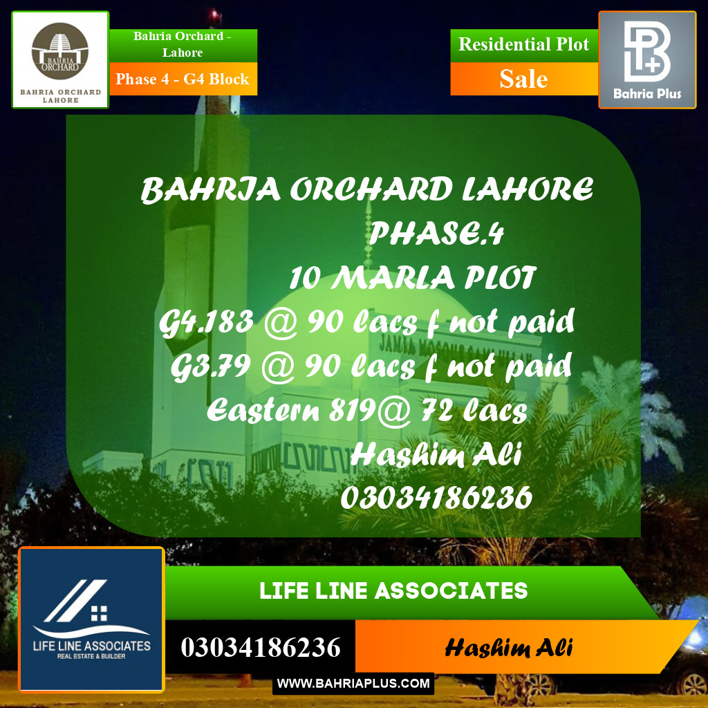 10 Marla Residential Plot for Sale in Phase 4 - G4 Block -  Bahria Orchard, Lahore - (BP-210700)