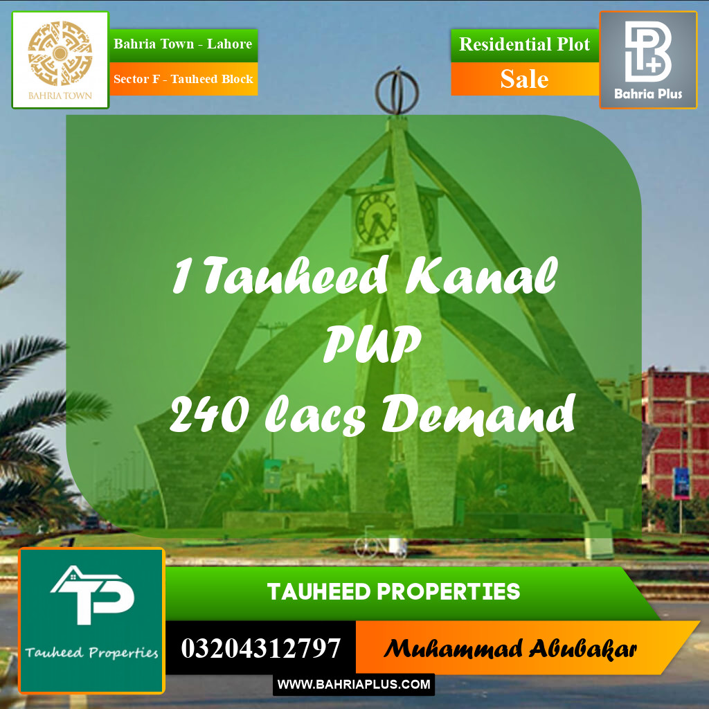 1 Kanal Residential Plot for Sale in Sector F - Tauheed Block -  Bahria Town, Lahore - (BP-210784)