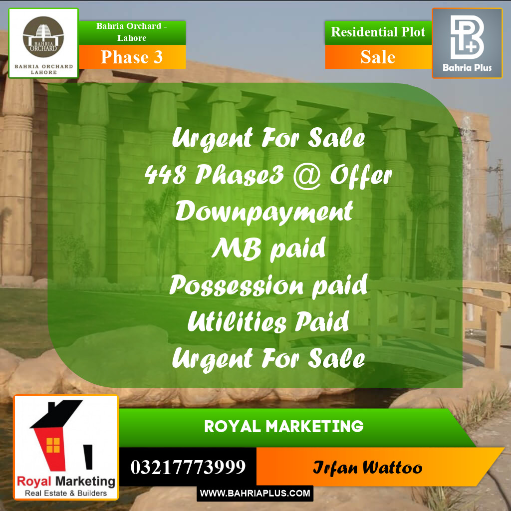 8 Marla Residential Plot for Sale in Phase 3 -  Bahria Orchard, Lahore - (BP-210835)