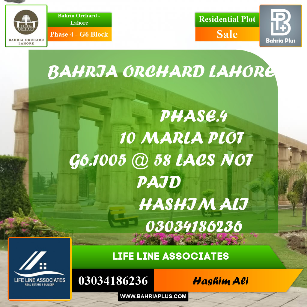 10 Marla Residential Plot for Sale in Phase 4 - G6 Block - Bahria Orchard, Lahore - (BP-210888)