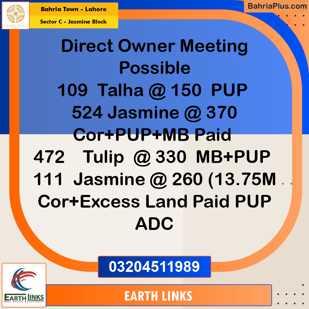 1 Kanal Residential Plot for Sale in Sector C - Jasmine Block -  Bahria Town, Lahore - (BP-211164)