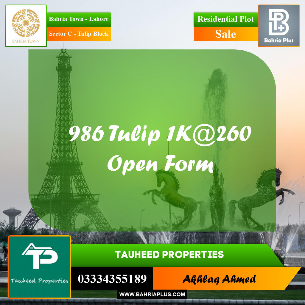 1 Kanal Residential Plot for Sale in Sector C - Tulip Block -  Bahria Town, Lahore - (BP-211239)