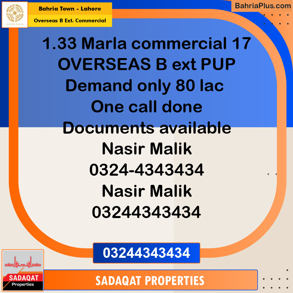 1.33 Marla Commercial Plot for Sale in Overseas B Ext. Commercial -  Bahria Town, Lahore - (BP-211305)