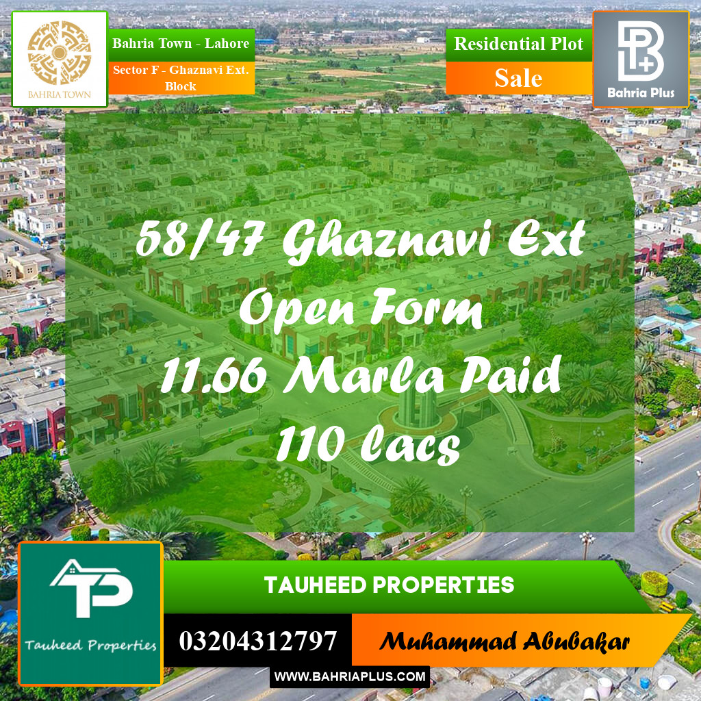 11 Marla Residential Plot for Sale in Sector F - Ghaznavi Ext. Block - Bahria Town, Lahore - (BP-211405)