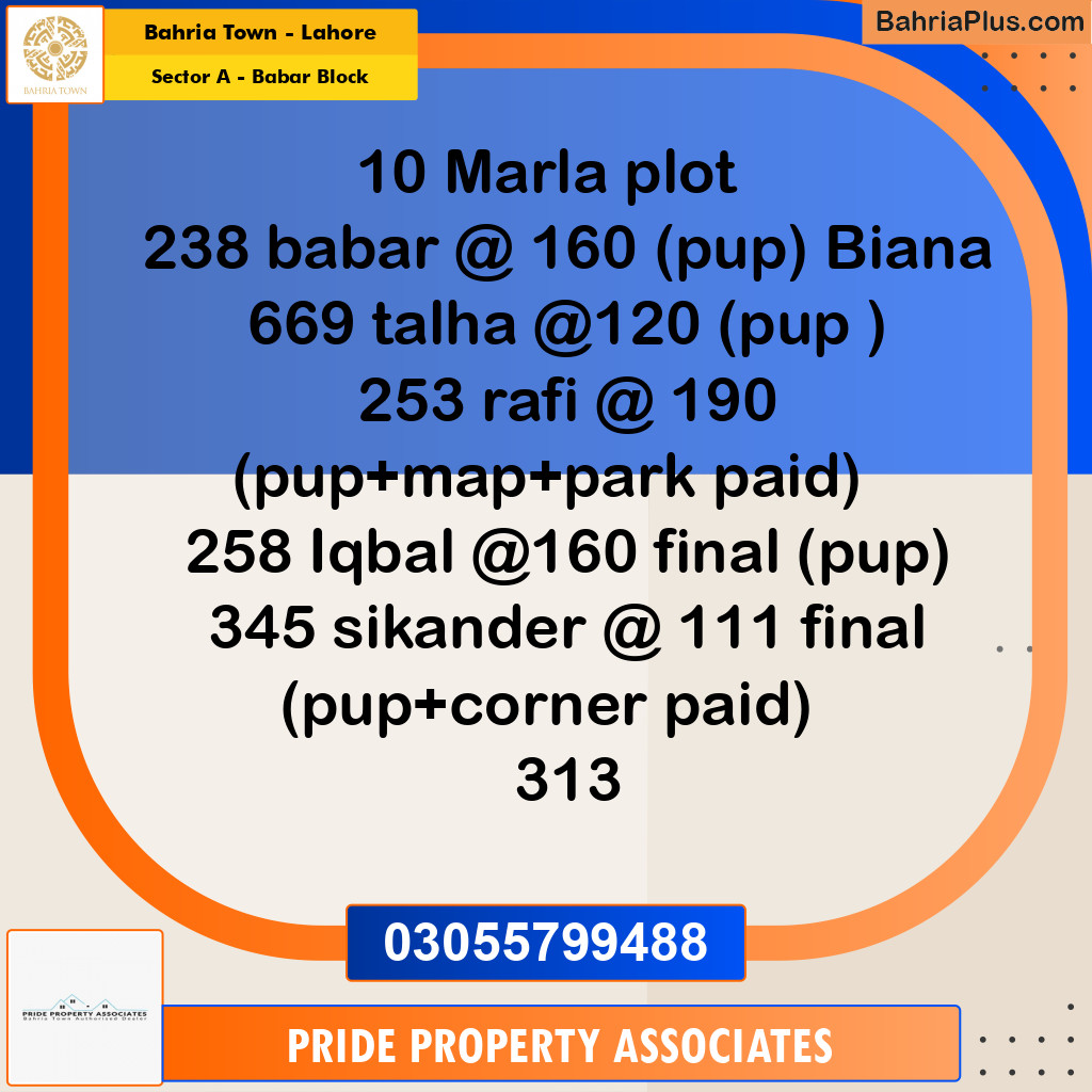 10 Marla Residential Plot for Sale in Sector A - Babar Block -  Bahria Town, Lahore - (BP-211678)