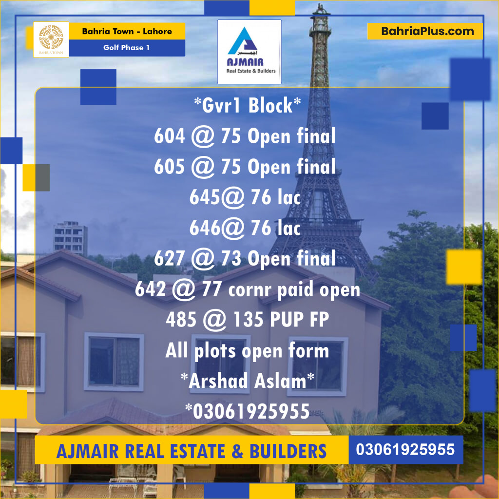 Residential Plot for Sale in Golf Phase 1 -  Bahria Town, Lahore - (BP-211800)