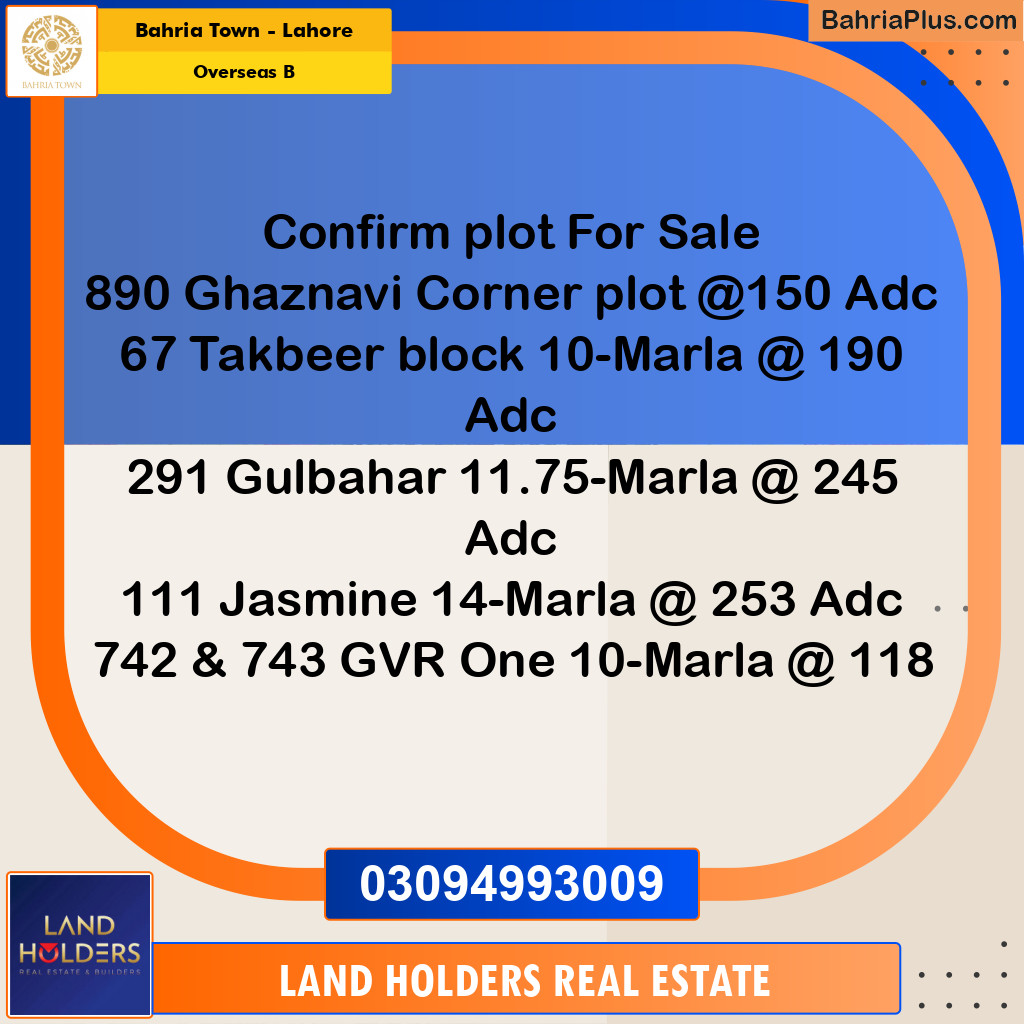 Residential Plot for Sale in Overseas B -  Bahria Town, Lahore - (BP-211808)