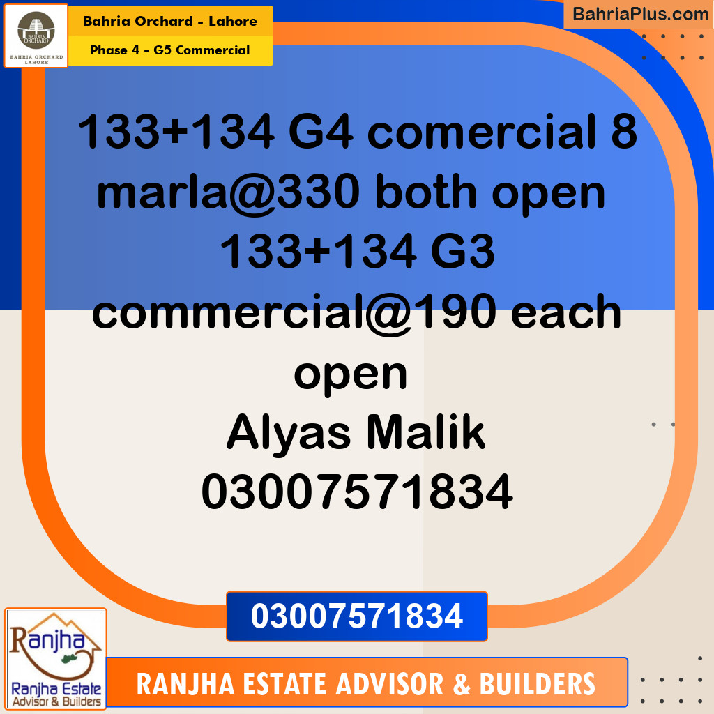 8 Marla Commercial Plot for Sale in Phase 4 - G5 Commercial -  Bahria Orchard, Lahore - (BP-211833)