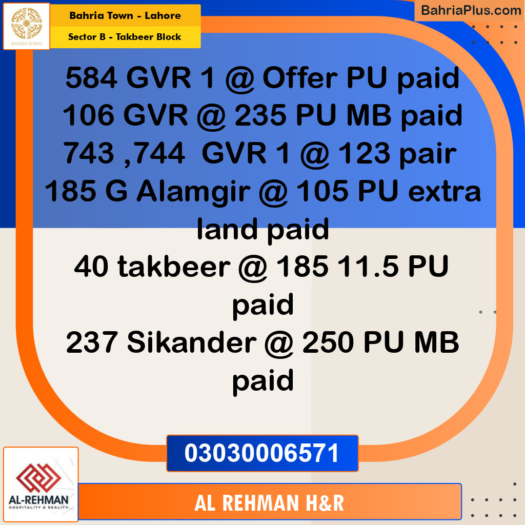 11 Marla Residential Plot for Sale in Sector B - Takbeer Block - Bahria Town, Lahore - (BP-211919)