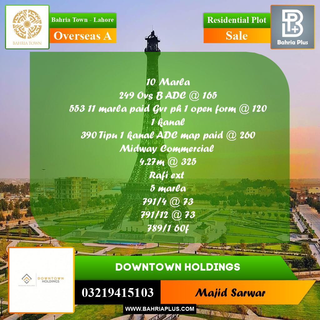 10 Marla Residential Plot for Sale in Overseas A -  Bahria Town, Lahore - (BP-211963)