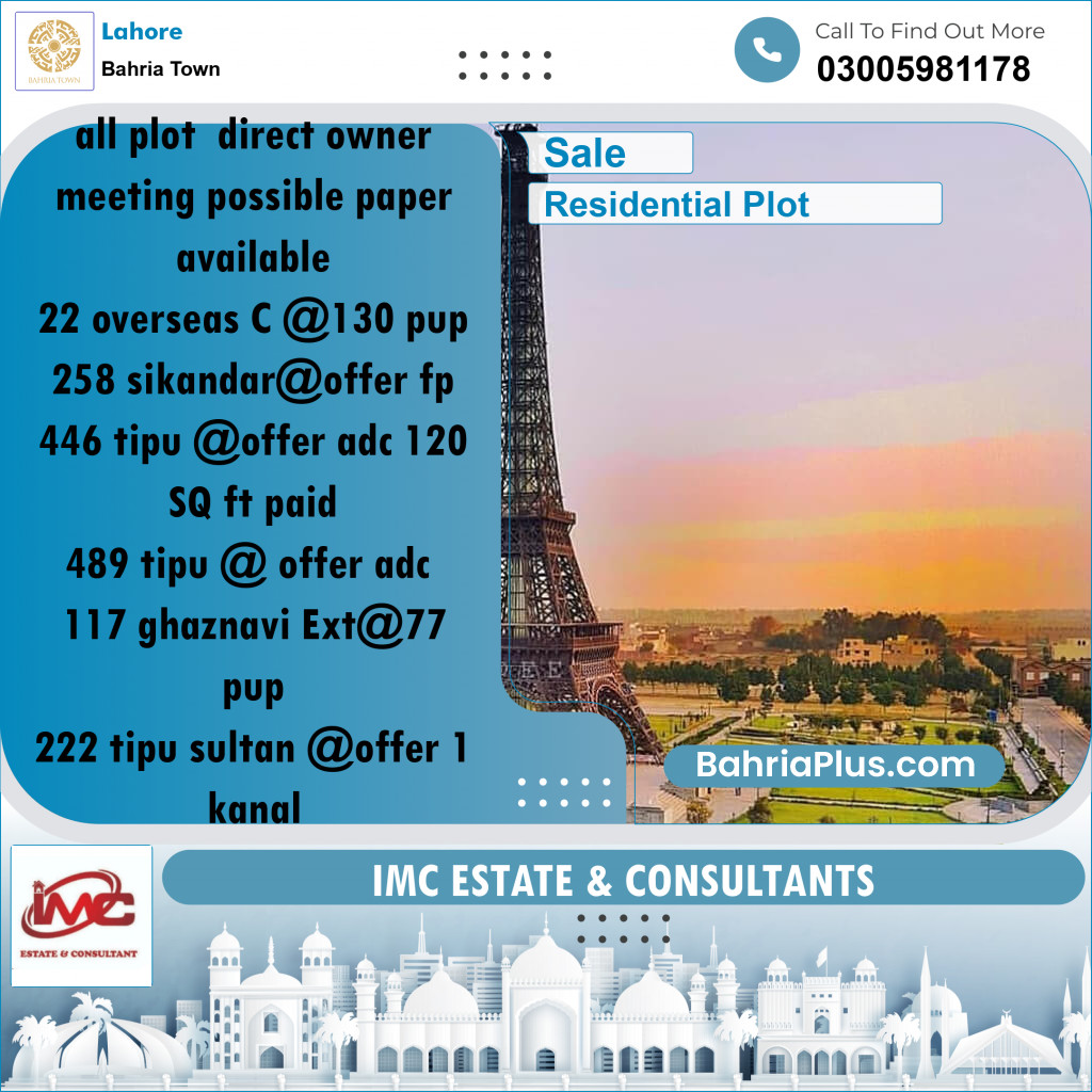 Residential Plot for Sale in Bahria Town, Lahore - (BP-212103)