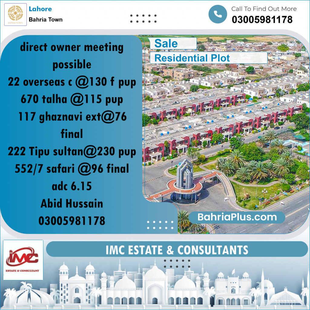 Residential Plot for Sale in Bahria Town, Lahore - (BP-212324)