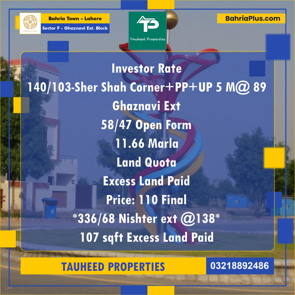 11.66 Marla Residential Plot for Sale in Sector F - Ghaznavi Ext. Block - Bahria Town, Lahore - (BP-212400)