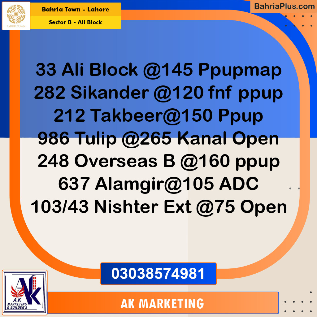 8 Marla Residential Plot for Sale in Sector B - Ali Block -  Bahria Town, Lahore - (BP-212521)