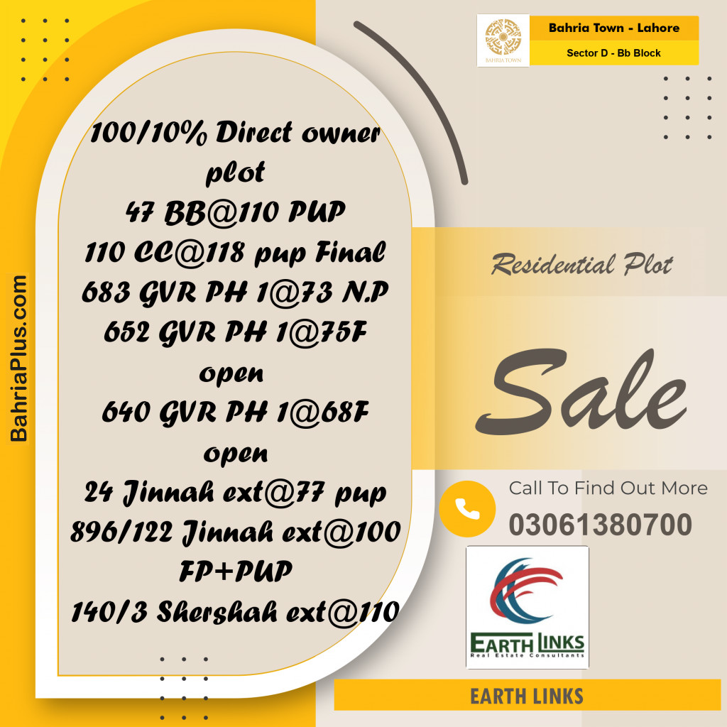 5 Marla Residential Plot for Sale in Sector D - BB Block -  Bahria Town, Lahore - (BP-212545)