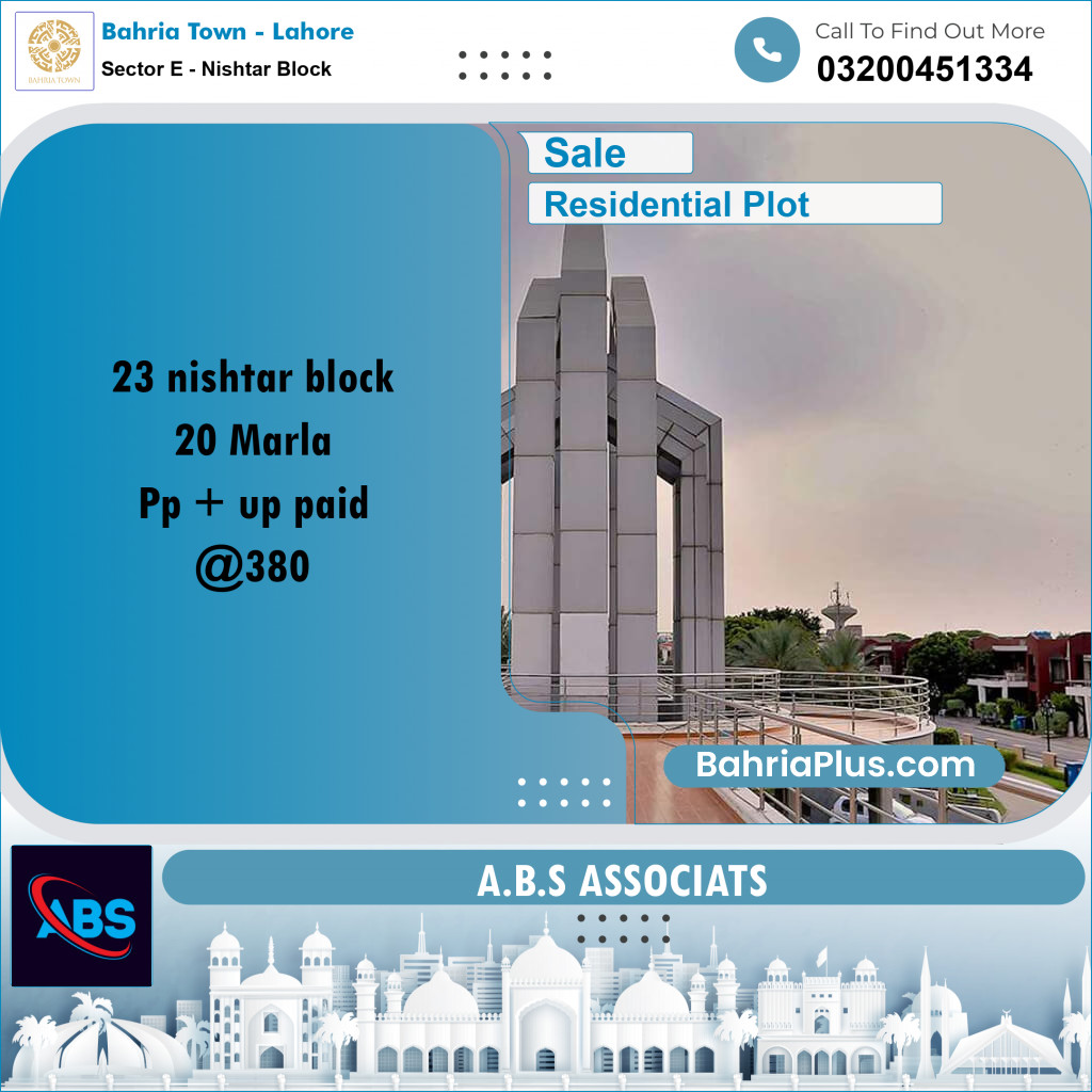 20 Marla Residential Plot for Sale in Sector E - Nishtar Block - Bahria Town, Lahore - (BP-212557)