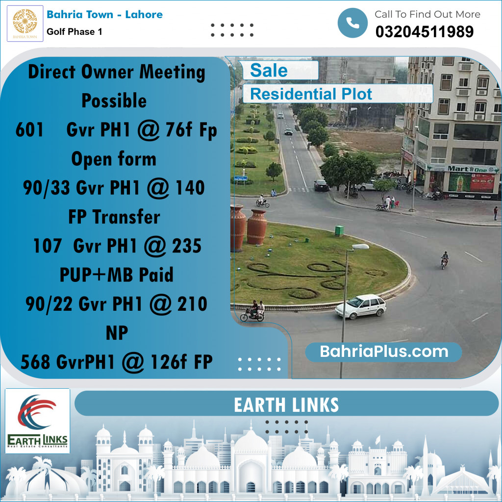 10 Marla Residential Plot for Sale in Golf Phase 1 - Bahria Town, Lahore - (BP-212608)