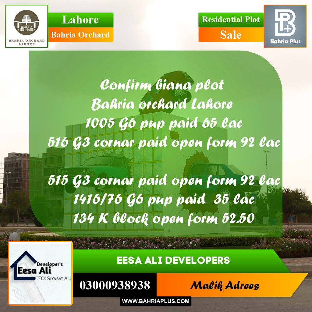 Residential Plot for Sale in Bahria Orchard, Lahore - (BP-212627)