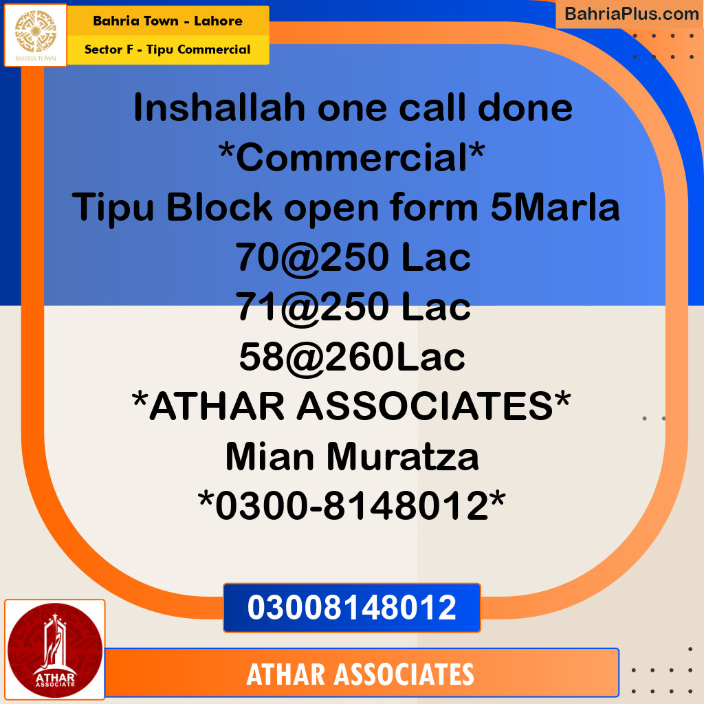 5 Marla Commercial Plot for Sale in Sector F - Tipu Commercial - Bahria Town, Lahore - (BP-212877)