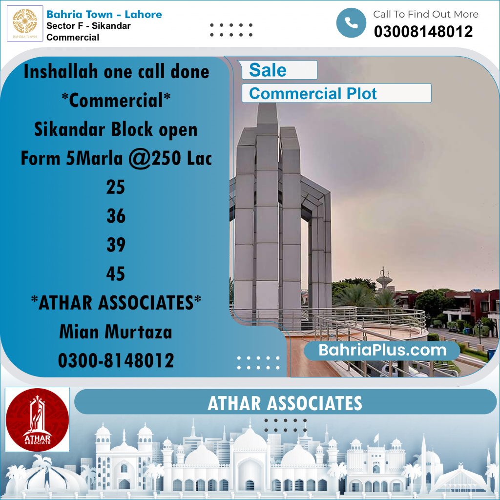 5 Marla Commercial Plot for Sale in Sector F - Sikandar Commercial -  Bahria Town, Lahore - (BP-212881)