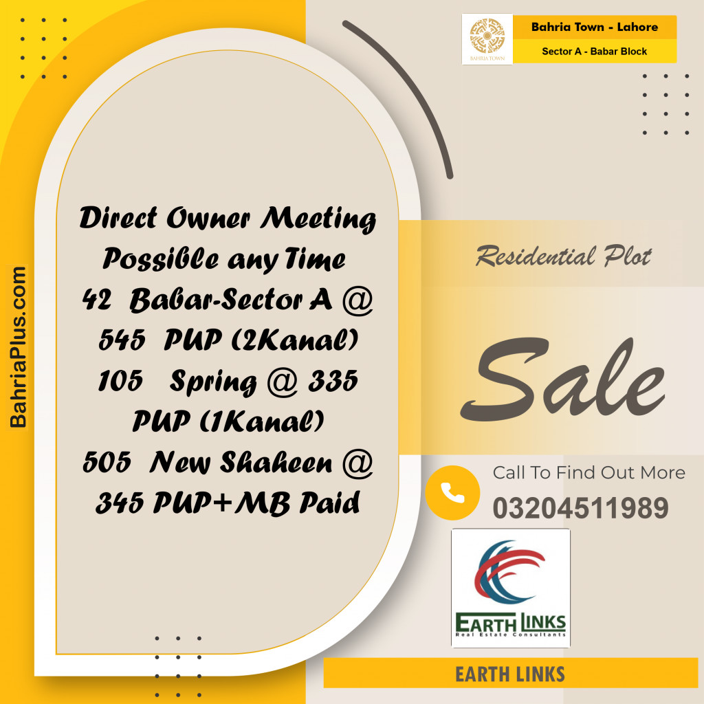 2 Kanal Residential Plot for Sale in Sector A - Babar Block -  Bahria Town, Lahore - (BP-212902)