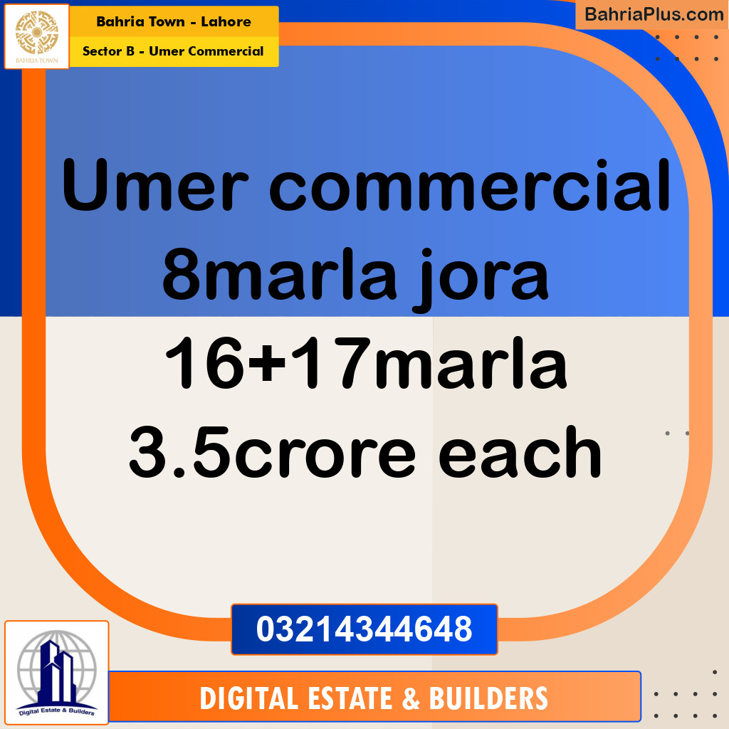 8 Marla Commercial Plot for Sale in Sector B - Umer Commercial -  Bahria Town, Lahore - (BP-213104)