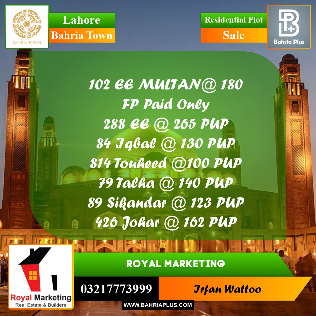 Residential Plot for Sale in Bahria Town, Lahore - (BP-213122)
