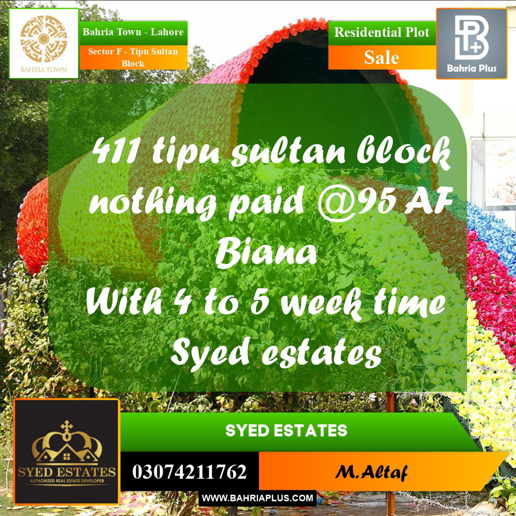 Residential Plot for Sale in Sector F - Tipu Sultan Block -  Bahria Town, Lahore - (BP-213336)