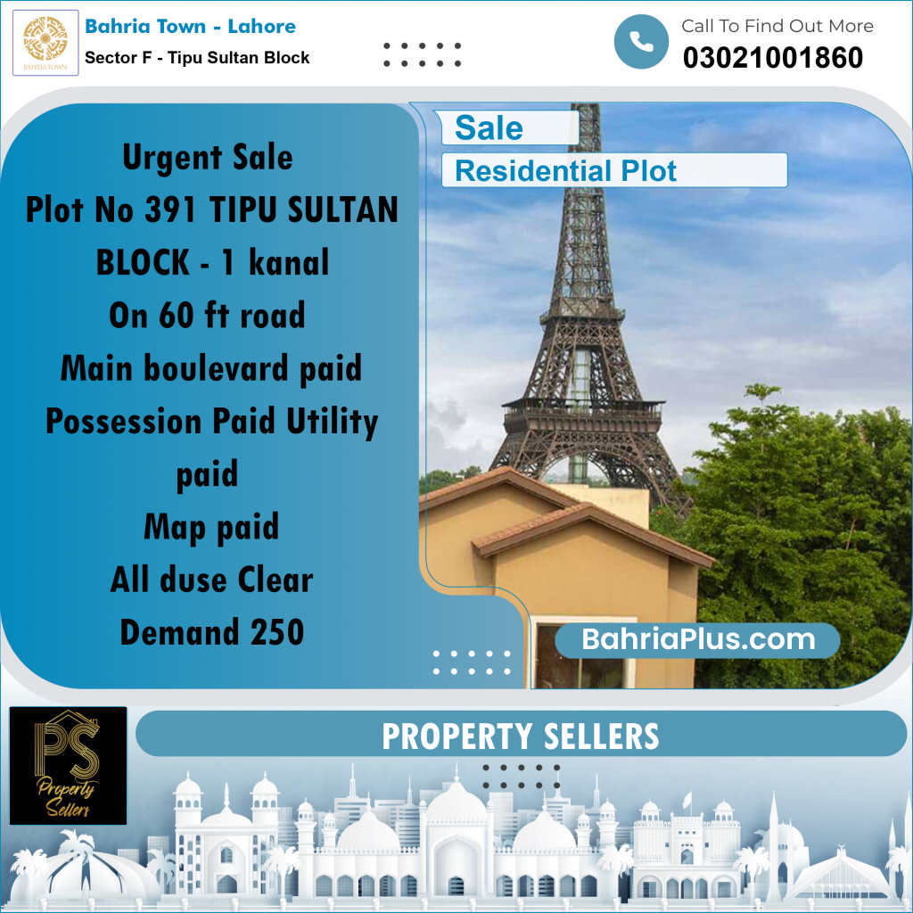 1 Kanal Residential Plot for Sale in Sector F - Tipu Sultan Block -  Bahria Town, Lahore - (BP-213529)