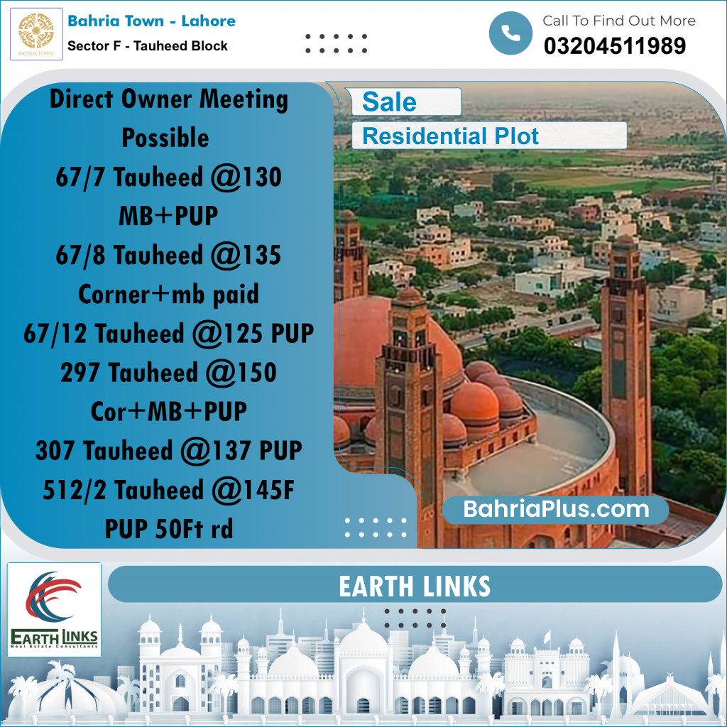 10 Marla Residential Plot for Sale in Sector F - Tauheed Block -  Bahria Town, Lahore - (BP-213803)