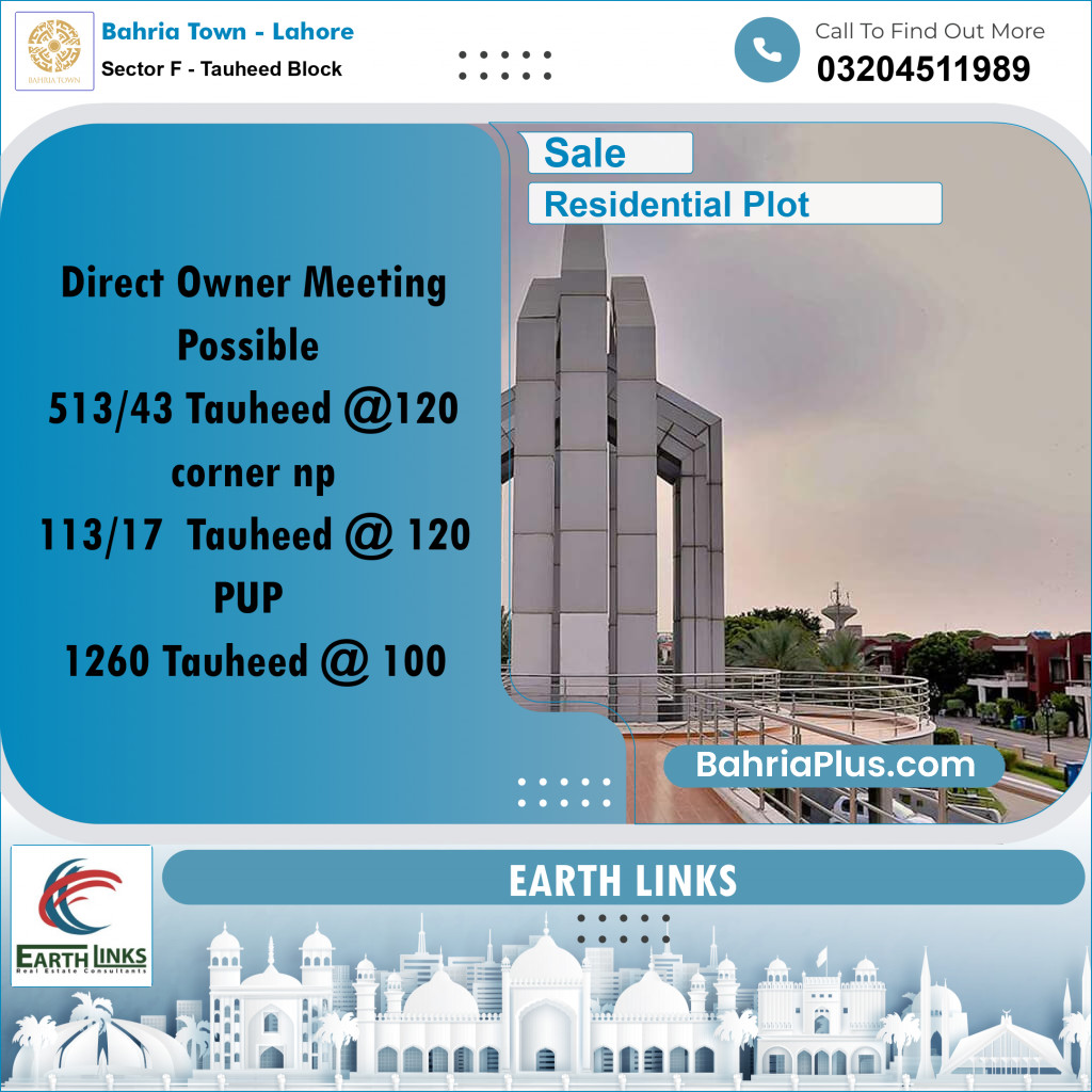 10 Marla Residential Plot for Sale in Sector F - Tauheed Block -  Bahria Town, Lahore - (BP-213806)