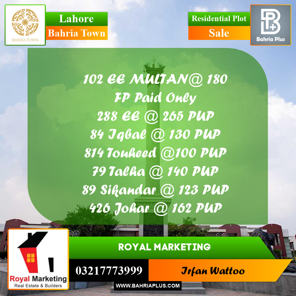 Residential Plot for Sale in Bahria Town, Lahore - (BP-213826)