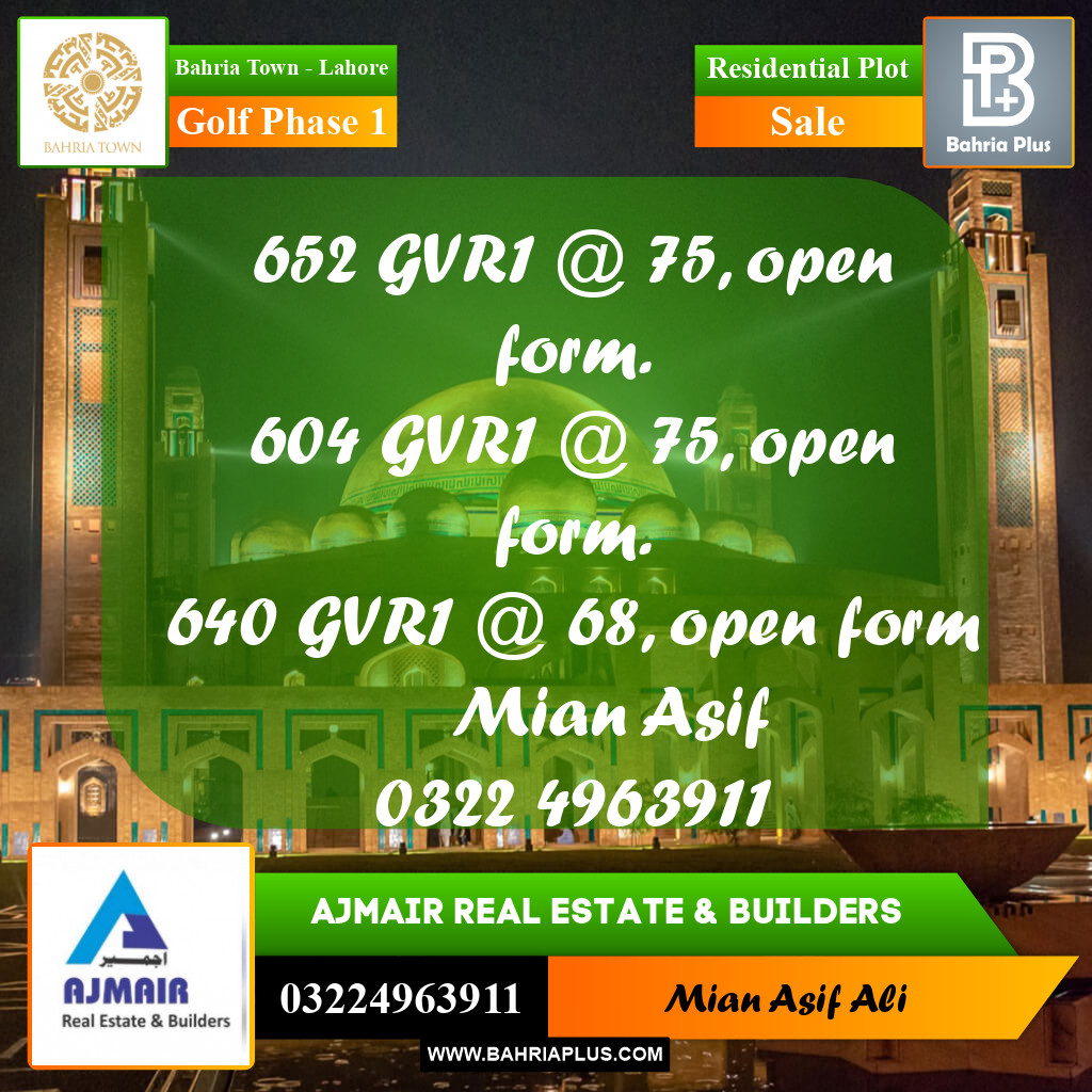 Residential Plot for Sale in Golf Phase 1 -  Bahria Town, Lahore - (BP-214044)
