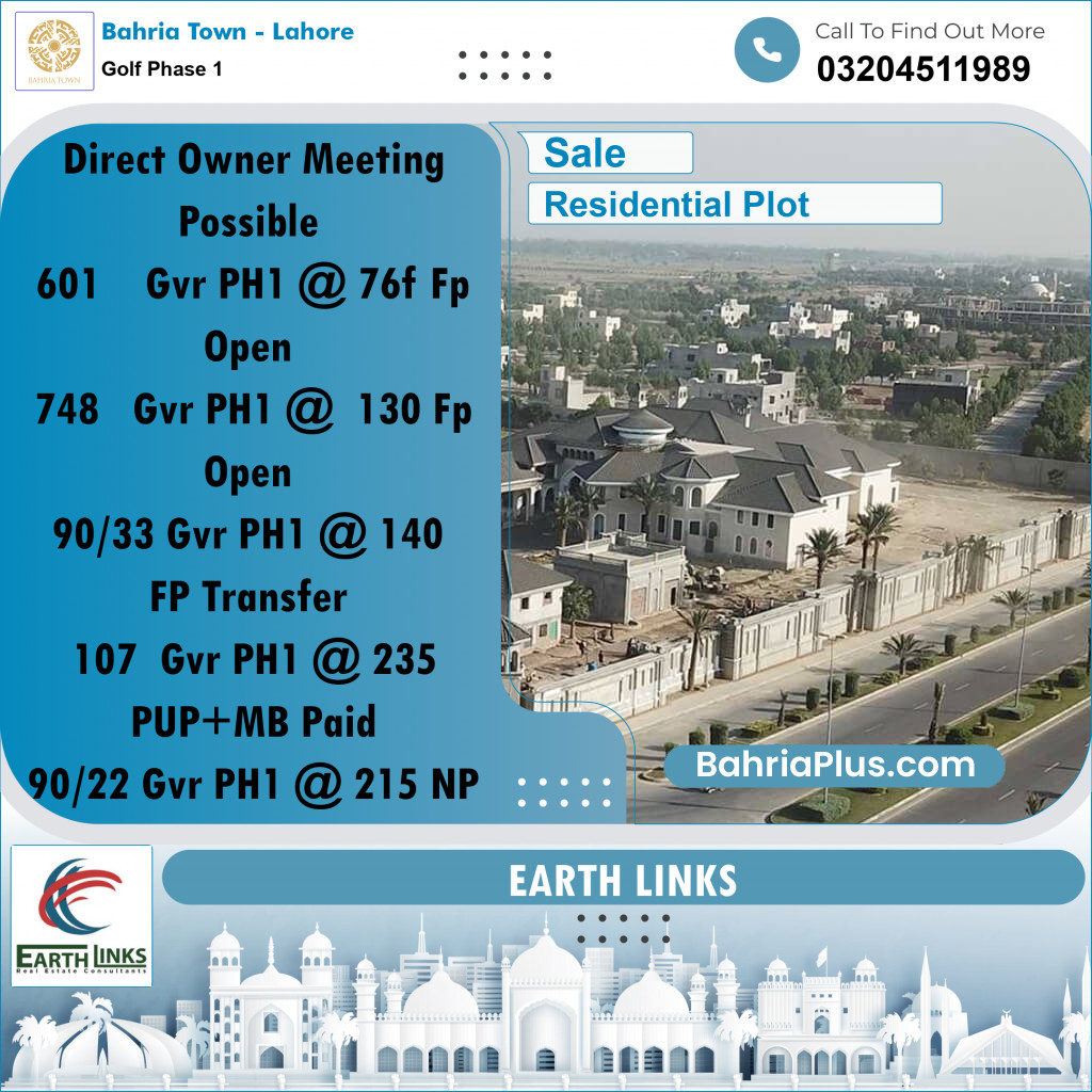 10 Marla Residential Plot for Sale in Golf Phase 1 -  Bahria Town, Lahore - (BP-214321)