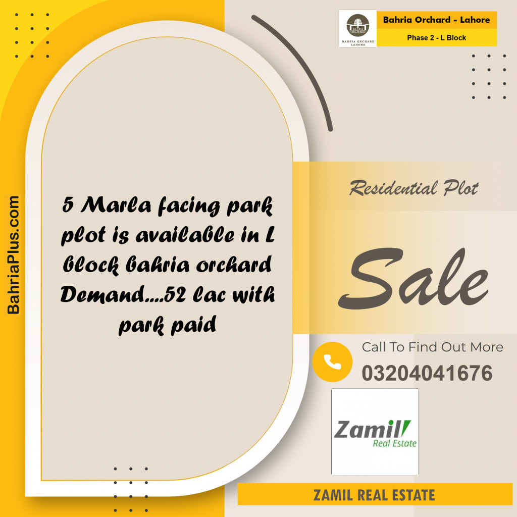 5 Marla Residential Plot for Sale in Phase 2 - L Block -  Bahria Orchard, Lahore - (BP-214442)