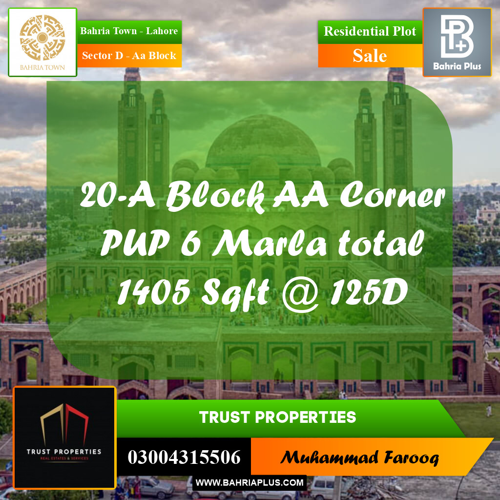 6 Marla Residential Plot for Sale in Sector D - AA Block -  Bahria Town, Lahore - (BP-214532)